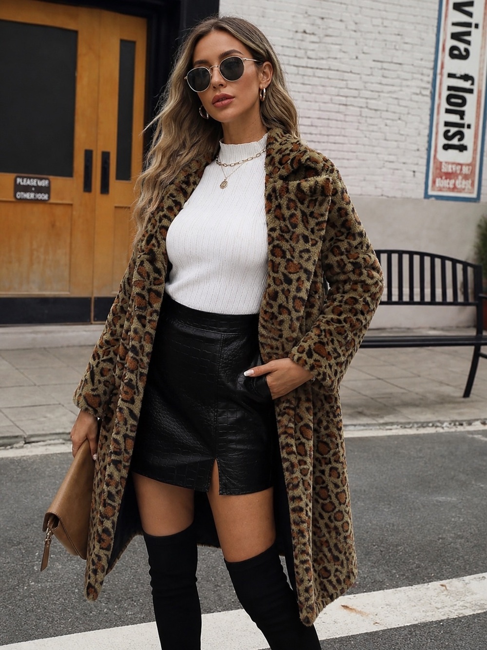 Leopard Print Faux Fur Coat - Women's Brown Animal Print Jacket
